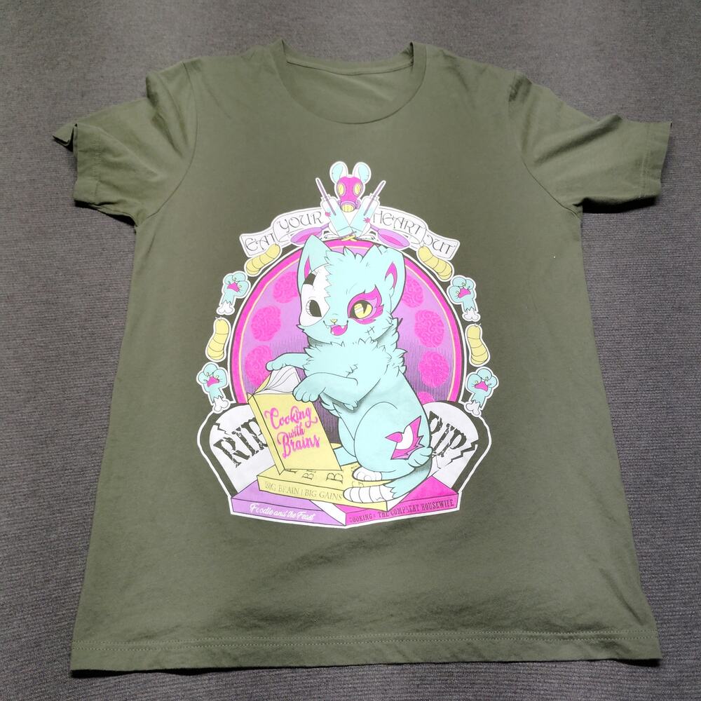 Nekomancer Cat Graphic Tee Ilustrata Olive Green Shirt Medium